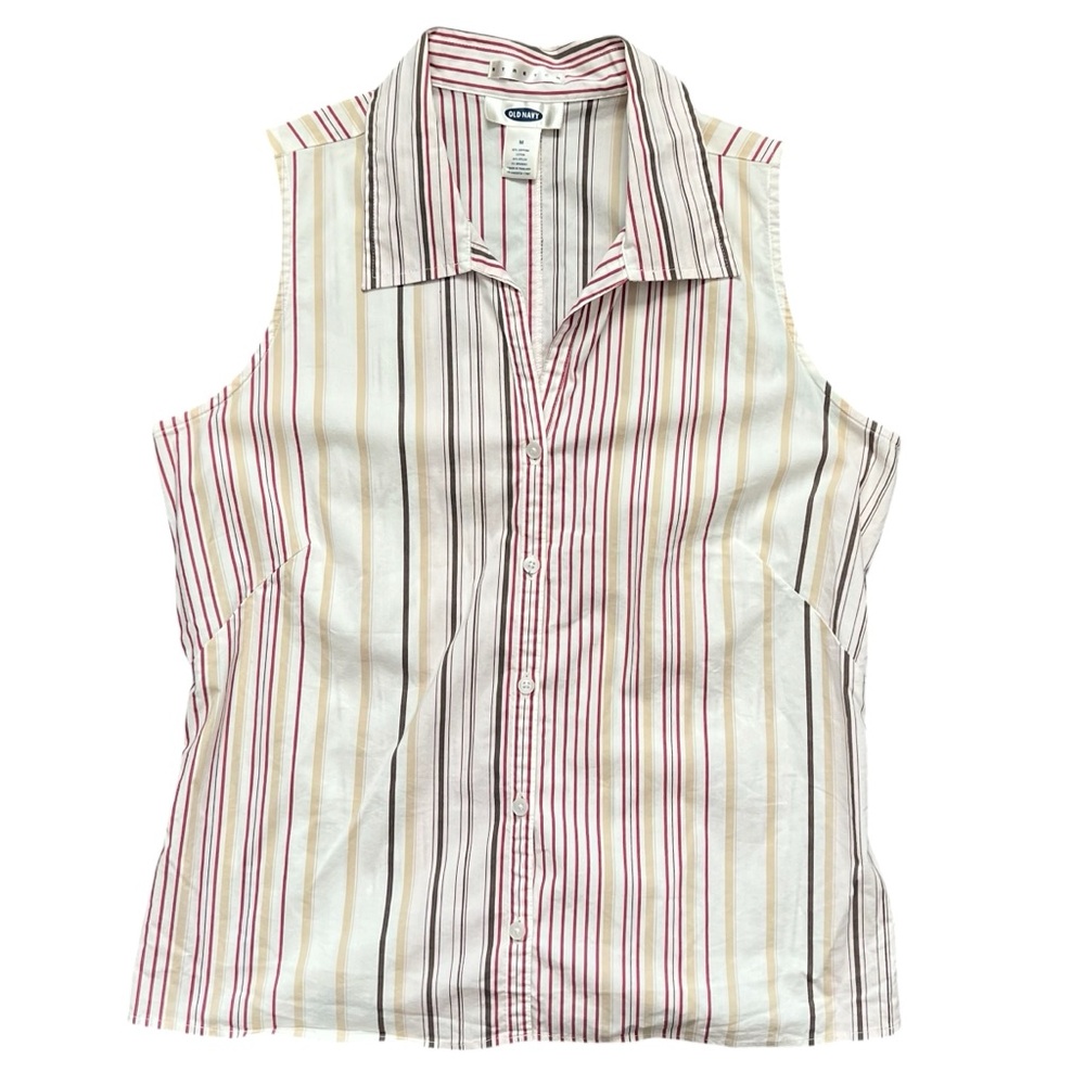 Old Navy Cream Tan Red Brown Sleeveless Tank Button Down Top Size M